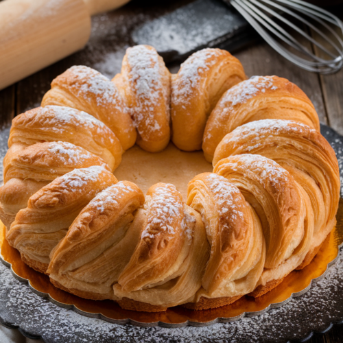 A freshly baked croissant cake with golden, flaky layers, drizzled with chocolate glaze and topped with powdered sugar, displayed on a wooden board