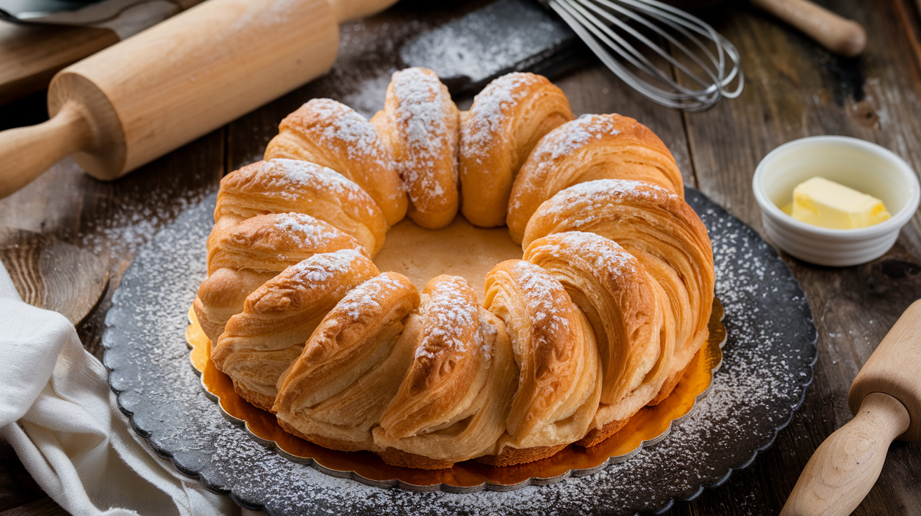 A freshly baked croissant cake with golden, flaky layers, drizzled with chocolate glaze and topped with powdered sugar, displayed on a wooden board