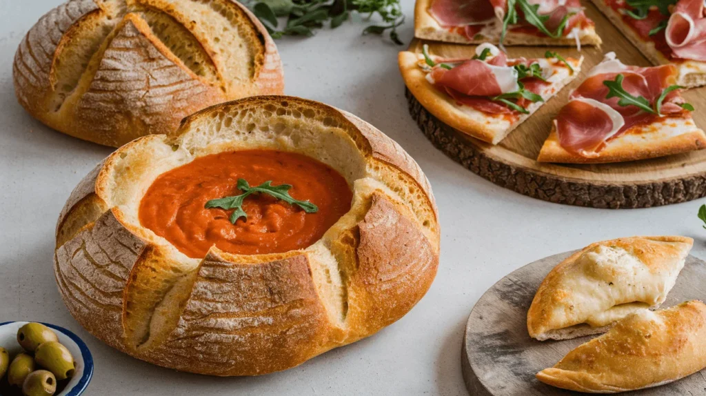 Flat-lay of sourdough dishes: a bread bowl filled with creamy tomato bisque, pizza slices topped with prosciutto and arugula, and mini calzones on a rustic board. Sourdough Dinner Ideas