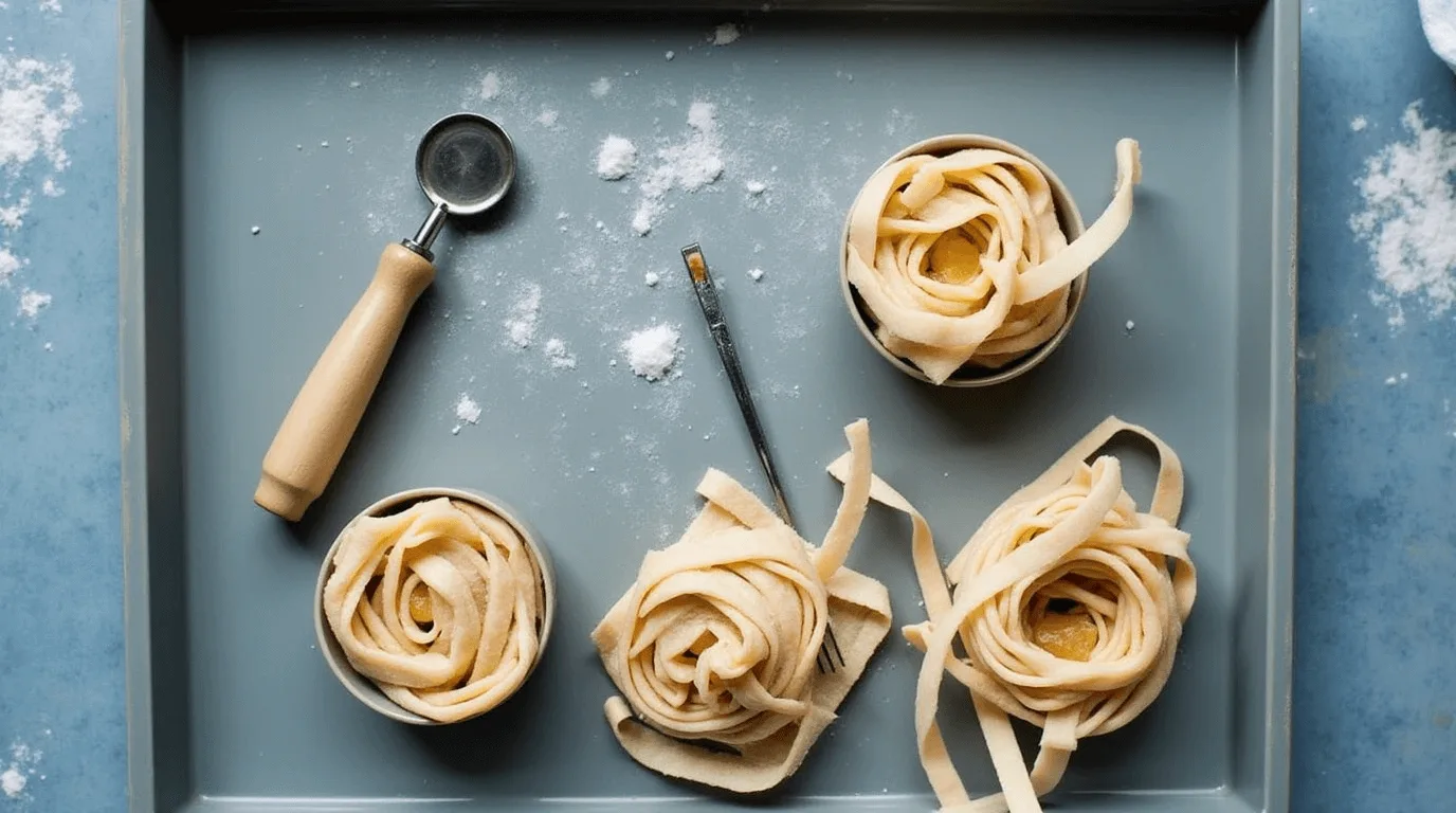 Freshly made pasta nests placed on a tray alongside a ravioli cutter and a small fork, with a dusting of flour for decoration.