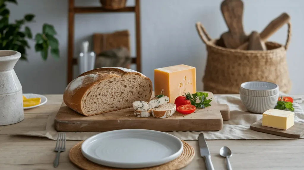 bread and cheese A beautifully arranged kitchen table with fresh wheat bread, a block of cheese, sliced tomatoes, fresh herbs, and butter in a cozy, inviting setting.