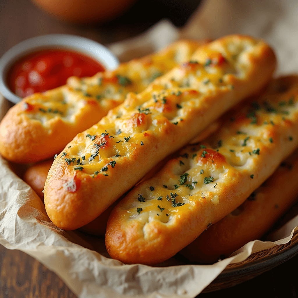 The Best Wheat Bread and Cheese Combos 8 Golden-brown wheat breadsticks topped with melted cheese and garlic, served in a basket alongside a small bowl of marinara sauce for dipping.