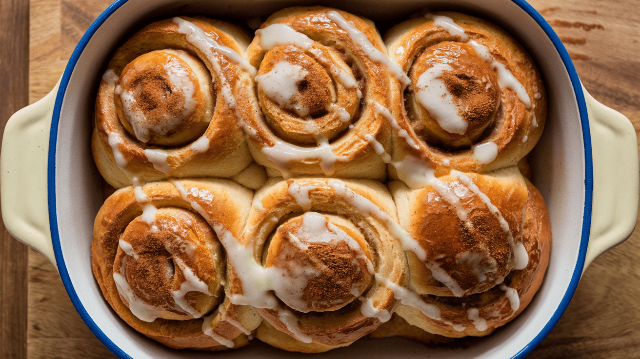 Golden-brown apple cinnamon brioche rolls drizzled with sugar glaze in a baking dish.