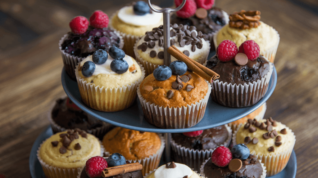 My Favorite Muffin A tiered tray displaying a variety of freshly baked muffins, including blueberry, chocolate chip, and pumpkin spice, topped with fresh berries, chocolate chips, and cinnamon sticks.