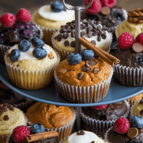 My Favorite Muffin A tiered tray displaying a variety of freshly baked muffins, including blueberry, chocolate chip, and pumpkin spice, topped with fresh berries, chocolate chips, and cinnamon sticks.