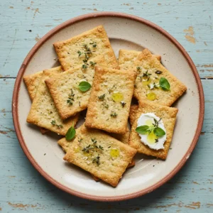 A plate of golden, crispy sourdough crackers garnished with fresh herbs, olive oil, and a dollop of cheese on a rustic wooden table.