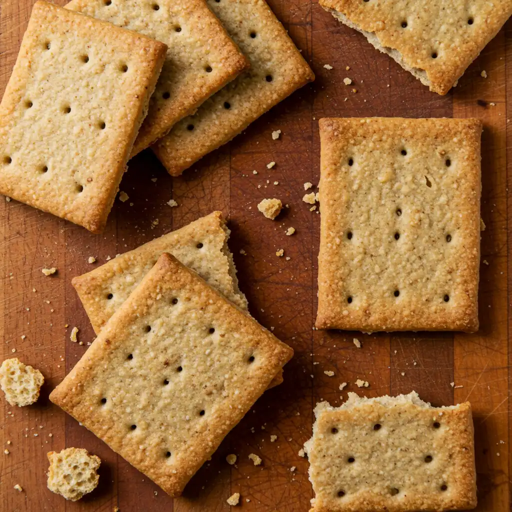 Golden-brown sourdough crackers with a crisp texture, scattered on a wooden cutting board with crumbs around.