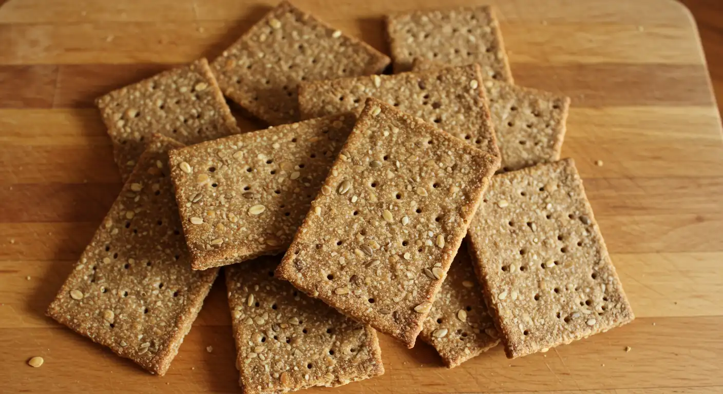 A close-up of homemade sourdough crackers with a golden-brown, crisp texture, topped with seeds, placed on a wooden cutting board.