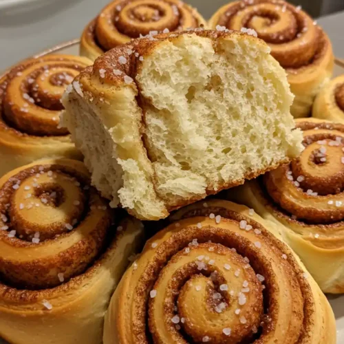 How to Use Sourdough Discard Freshly baked sourdough discard cinnamon rolls with a golden-brown crust, filled with cinnamon-sugar swirls. One roll is torn open, revealing its soft and airy texture.