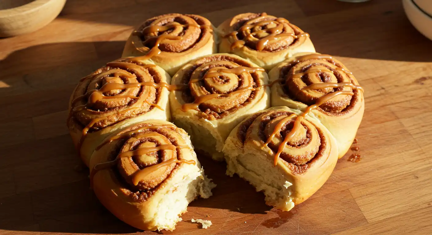 Freshly baked sourdough discard cinnamon rolls drizzled with caramel glaze, placed on a wooden countertop with warm natural lighting.