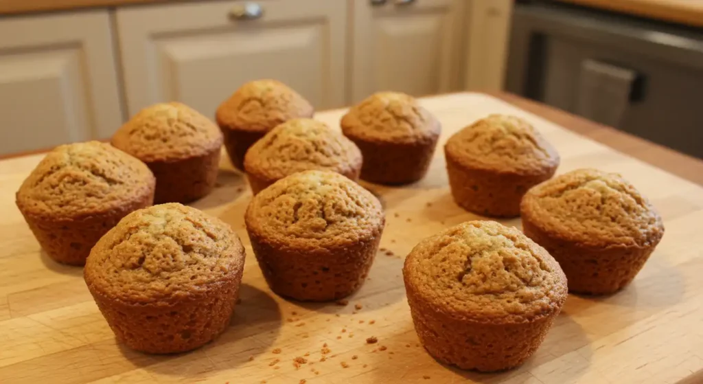Golden-brown sourdough mini muffins with cracked tops, freshly baked and arranged on a wooden board in a cozy kitchen setting.