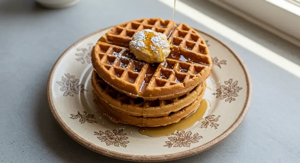 A stack of golden-brown sourdough protein waffles topped with a dollop of butter, drizzled with maple syrup, and dusted with powdered sugar on a vintage plate.