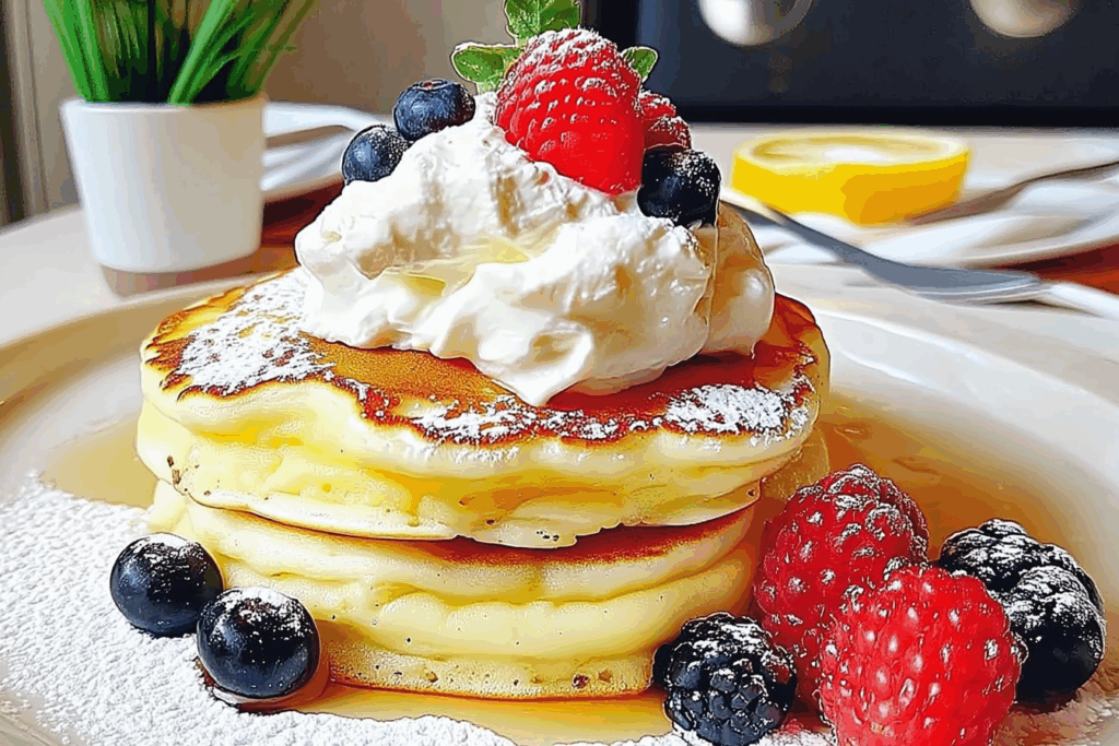 Fluffy Lemon Soufflé Pancakes with Whipped Cream and Berries