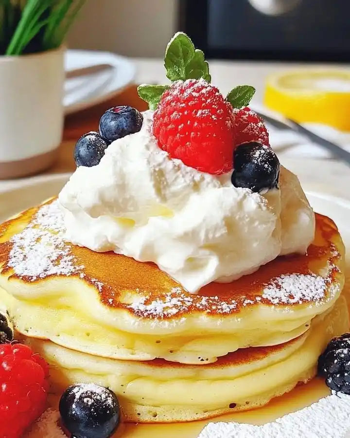 Fluffy Lemon Soufflé Pancakes with Whipped Cream and Berries 4 Fluffy Lemon Soufflé Pancakes with Whipped Cream and Berries