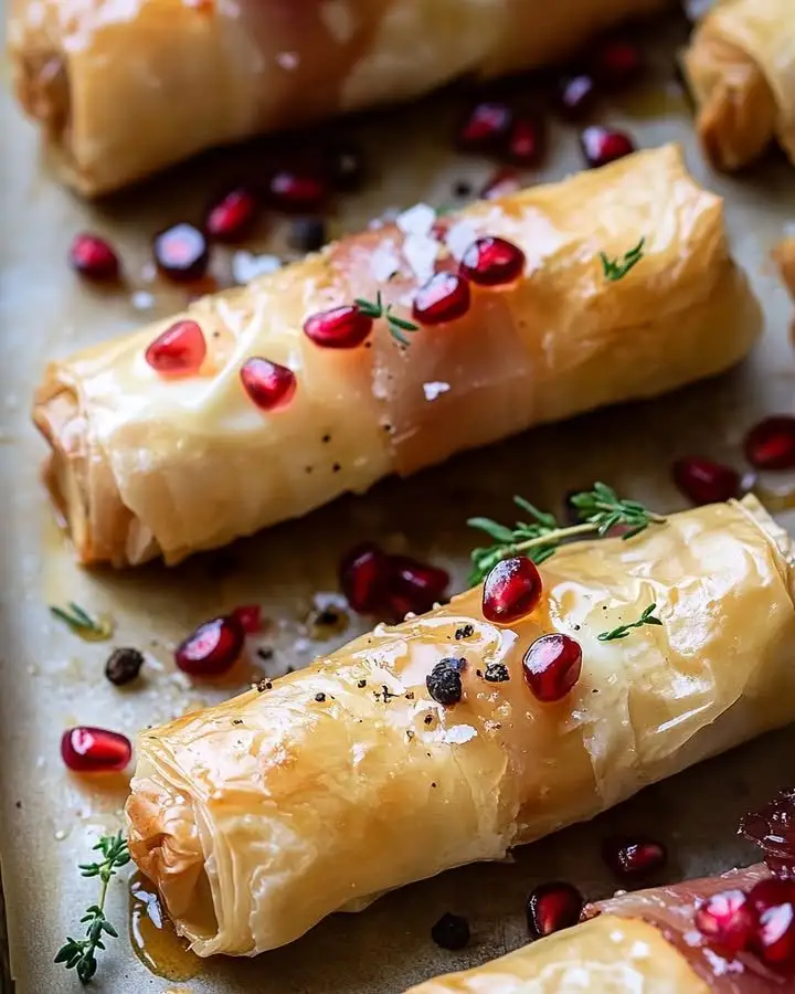 Phyllo-Wrapped Brie and Prosciutto Rolls with Honey and Pomegranate 4 Phyllo-Wrapped Brie and Prosciutto Rolls with Honey and Pomegranate
