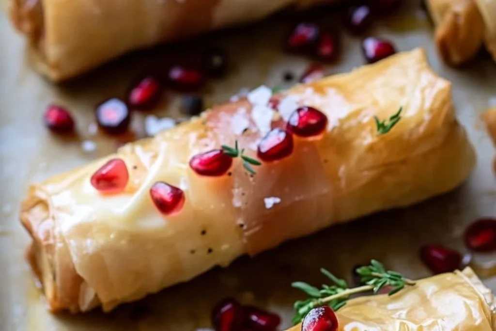 Phyllo-Wrapped Brie and Prosciutto Rolls with Honey and Pomegranate