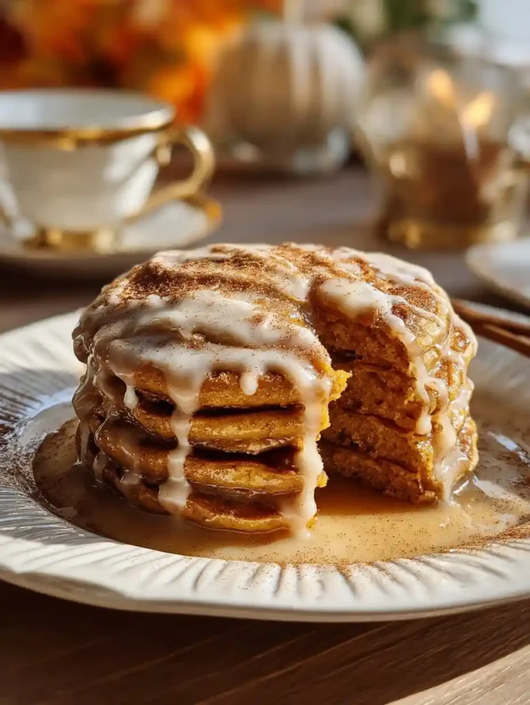 Pumpkin Cinnamon Roll Pancakes 4 A golden stack of pumpkin cinnamon roll pancakes with visible cinnamon swirls, drizzled with cream cheese glaze and topped with warm autumn spices for a cozy fall breakfast.