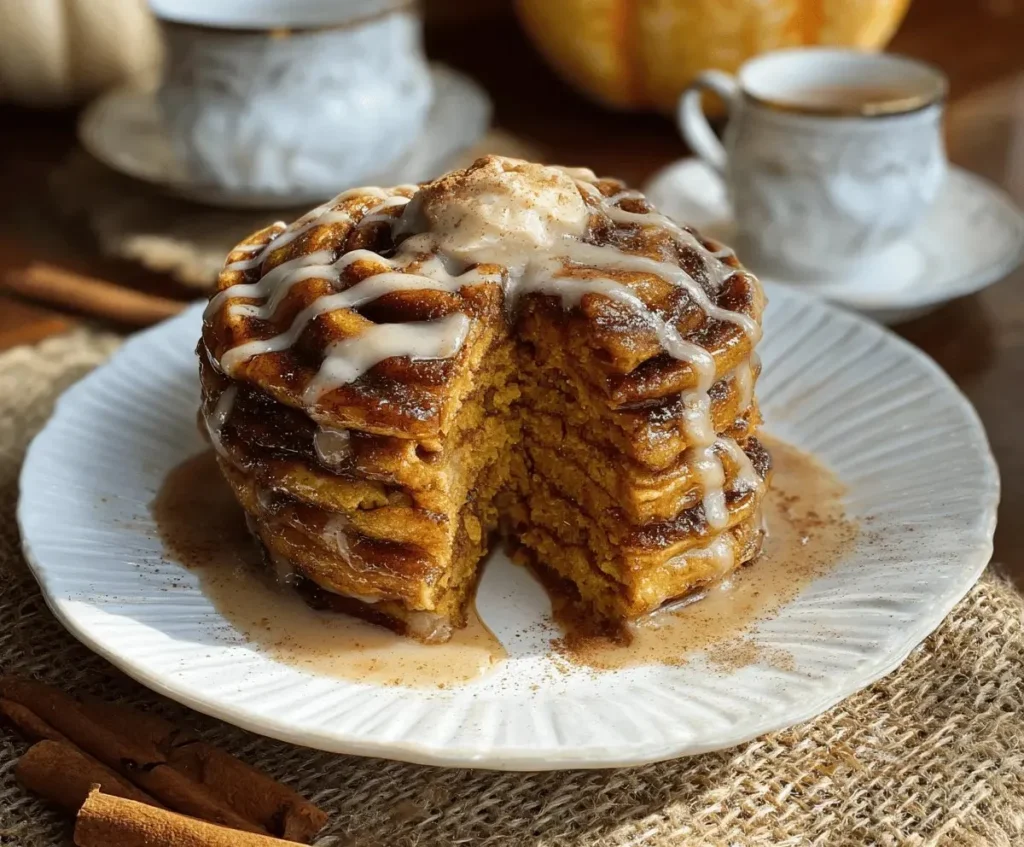 Delicious pumpkin cinnamon roll pancakes topped with cream and cinnamon