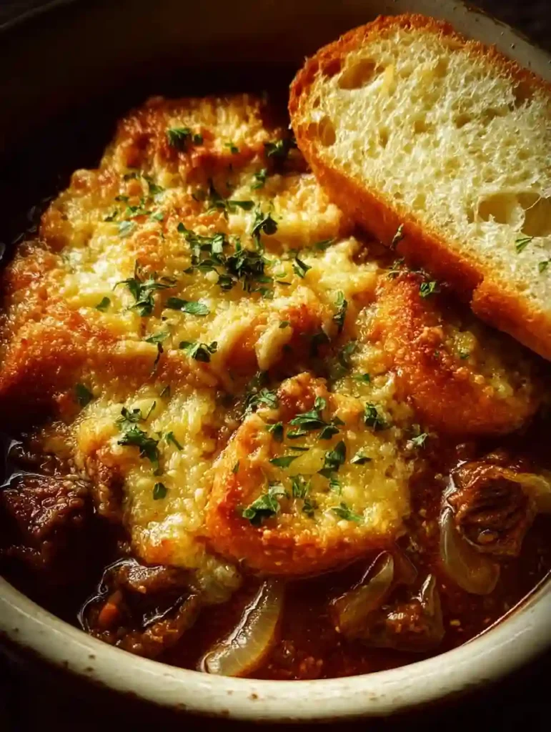 French Onion Beef Stew with Cheesy Bread Topping 4 French Onion Beef Stew with Cheesy Bread Topping