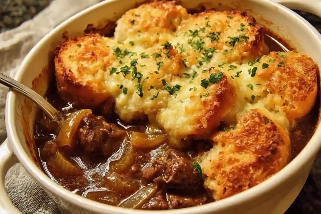 French Onion Beef Stew with Cheesy Bread Topping