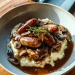 Sausages with Mushroom Gravy and Creamy Cabbage Mashed Potatoes