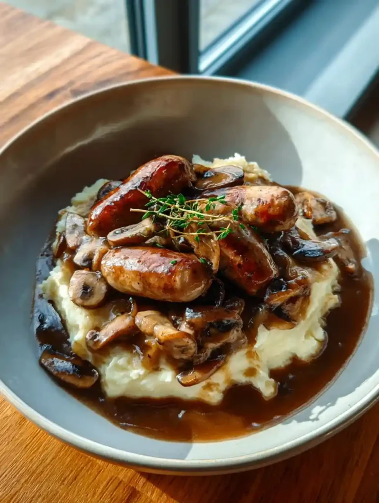 Sausages with Mushroom Gravy and Creamy Cabbage Mashed Potatoes 5 Sausages with Mushroom Gravy and Creamy Cabbage Mashed Potatoes