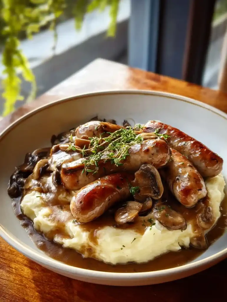 Sausages with Mushroom Gravy and Creamy Cabbage Mashed Potatoes 6 Sausages with Mushroom Gravy and Creamy Cabbage Mashed Potatoes