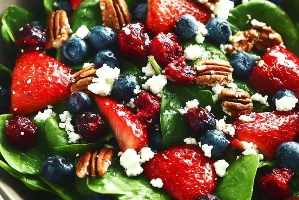 Fresh strawberry spinach salad with toppings, perfect for a healthy meal