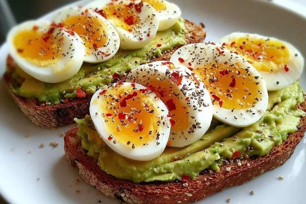 Delicious avocado toast with soft-boiled eggs on a rustic plate