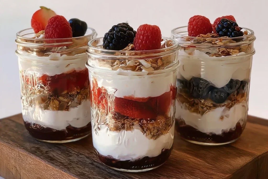 Delicious Berry Yogurt Parfait with fruits, yogurt, and granola