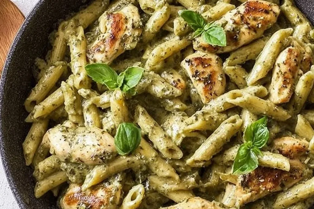 Delicious cheesy pesto chicken pasta served in a bowl with herbs.