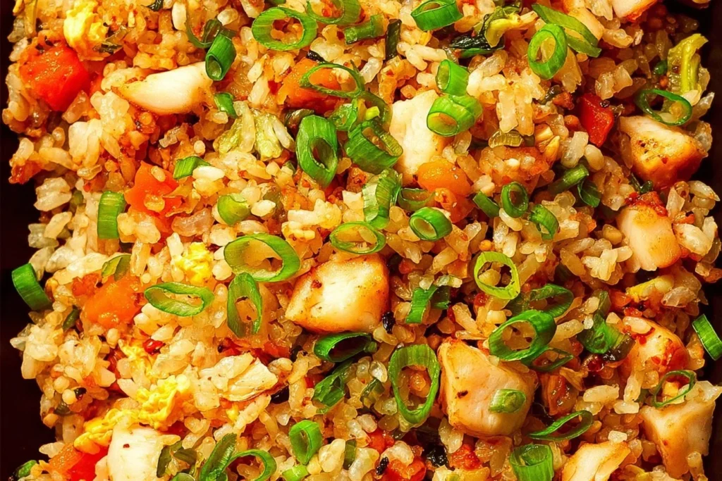 Delicious plate of chicken fried rice with vegetables and chicken pieces