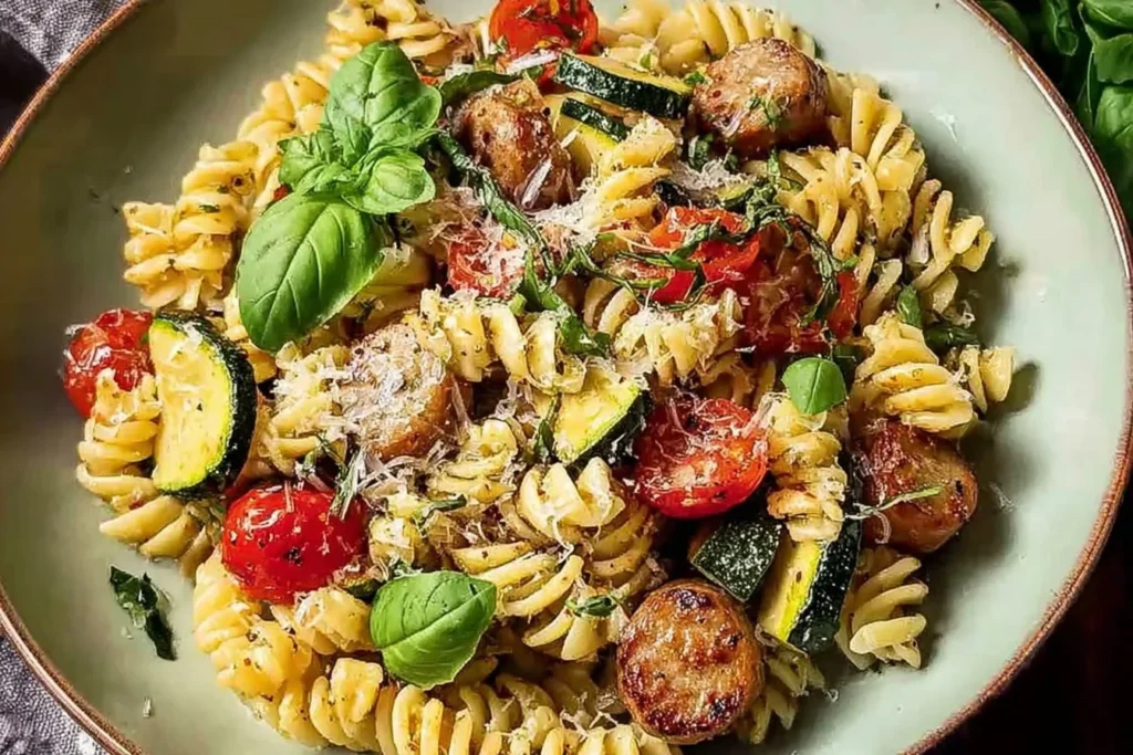 Bowl of classic chicken sausage pasta with fresh herbs and tomatoes