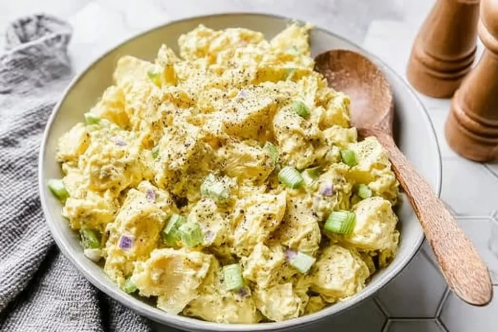 Classic potato salad in a bowl garnished with parsley