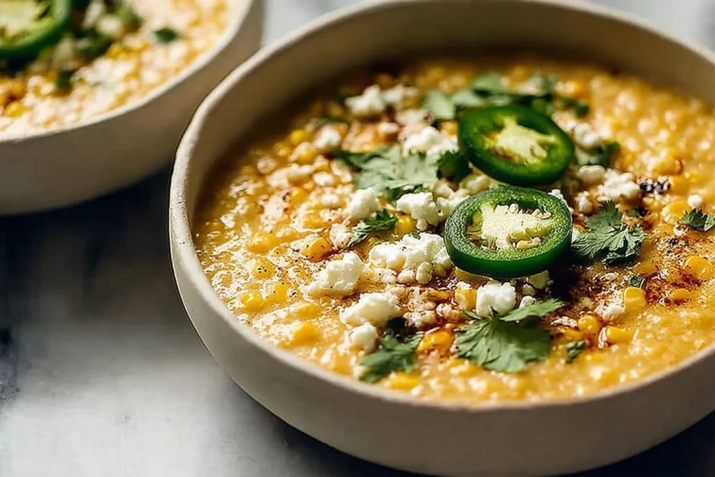Bowl of creamy Mexican street corn soup garnished with cilantro and lime.
