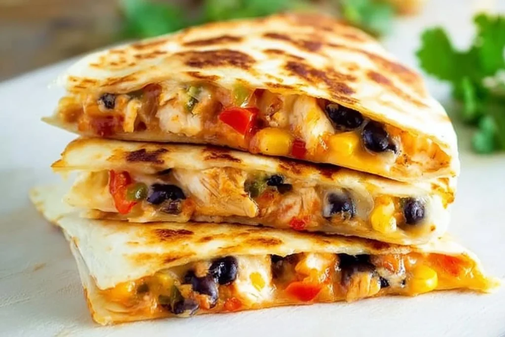 Crispy Chicken Quesadilla served with salsa and sour cream on a plate