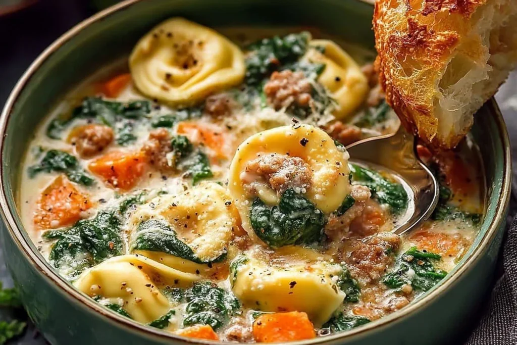 A bowl of delicious sausage tortellini soup with fresh spinach