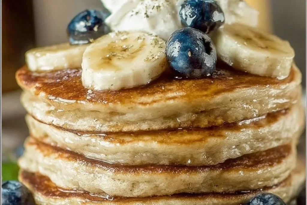 Fluffy easy banana pancakes stacked on a plate with syrup and sliced bananas