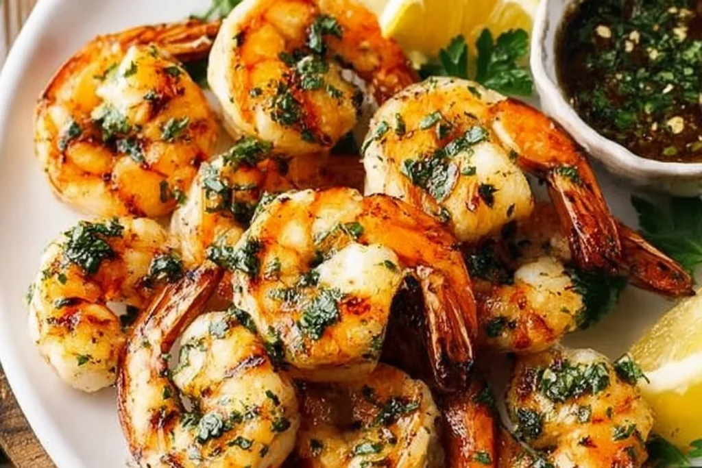 Delicious garlic grilled shrimp skewers ready for grilling