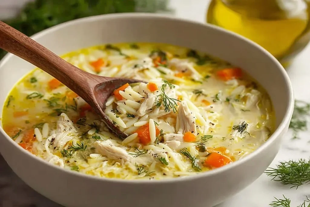 Bowl of homemade Greek Lemon Chicken Soup (Avgolemono) with garnished herbs