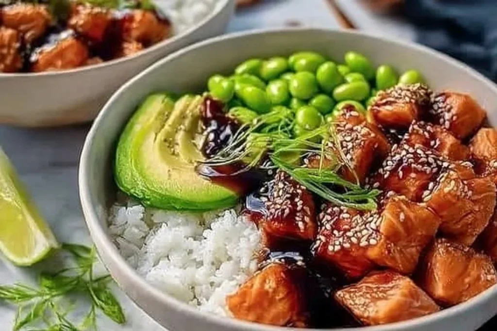 Delicious homemade teriyaki salmon sushi bowl with fresh ingredients