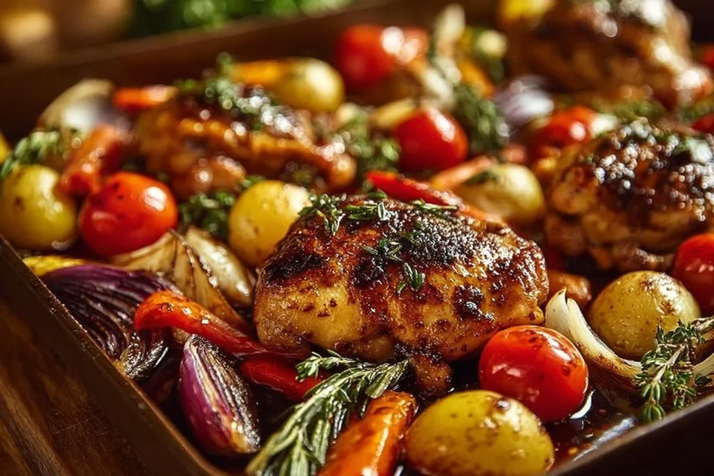 Sheet pan of balsamic glazed chicken and assorted vegetables ready to serve.