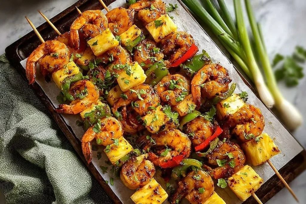 Delicious simple grilled pineapple shrimp skewers on a platter
